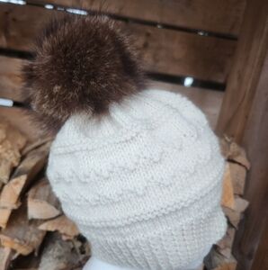 Beautiful handknit toque with real fur pompom